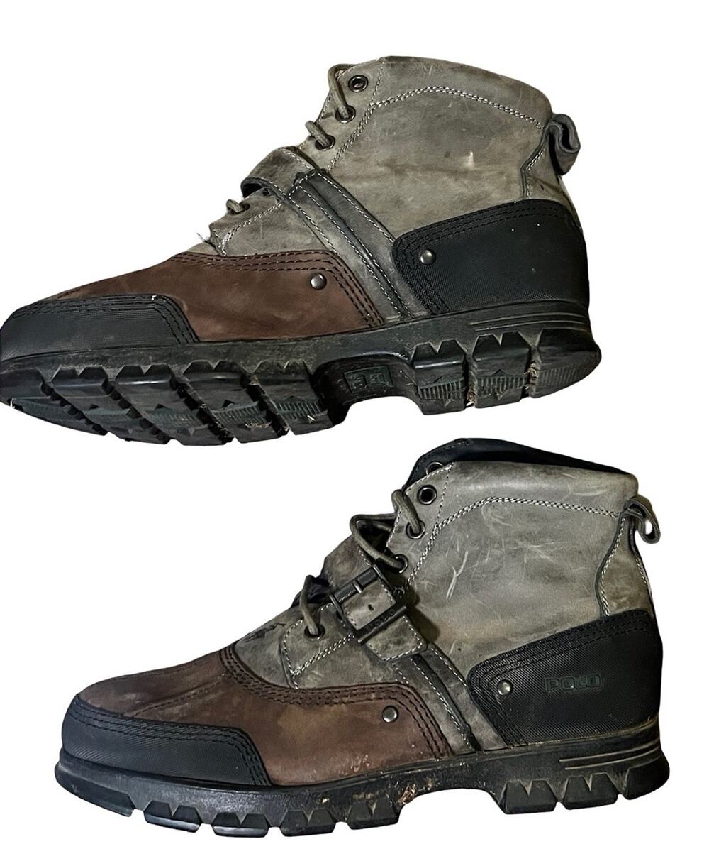 Polo Ralph Lauren Tyrek Boots Men 13D Brown Gray Oiled Leather Buckle Hiking